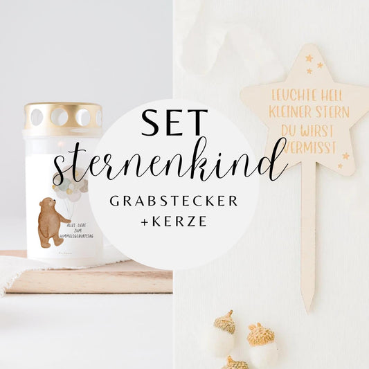 Grabkerze Bär Himmelsgeburtstag & Grabstecker Stern SET