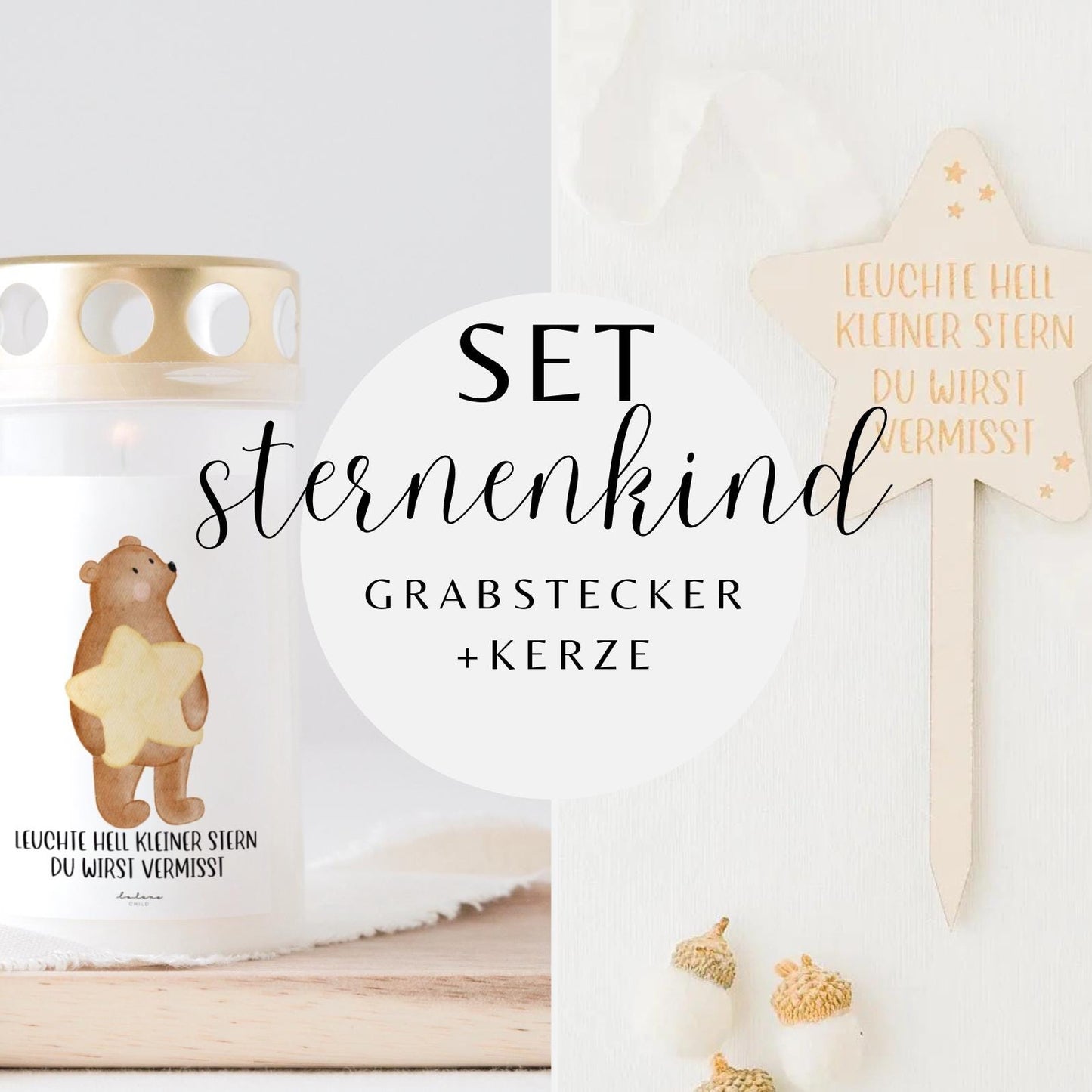 Grabkerze Bär mit Stern & Grabstecker SET