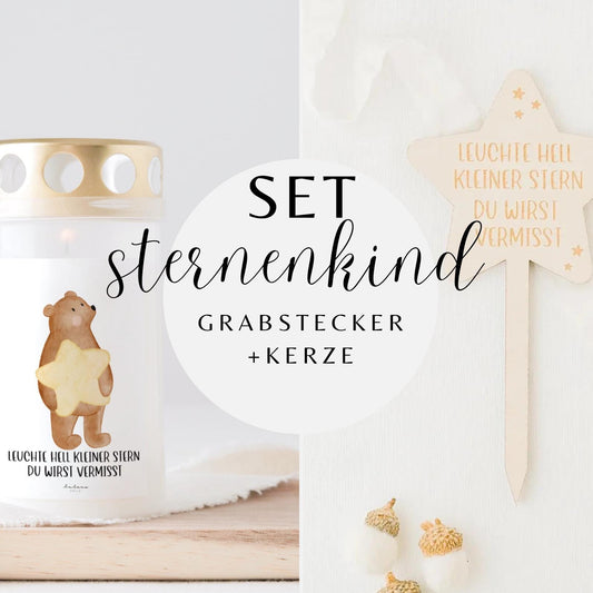 Grabkerze Bär mit Stern & Grabstecker SET