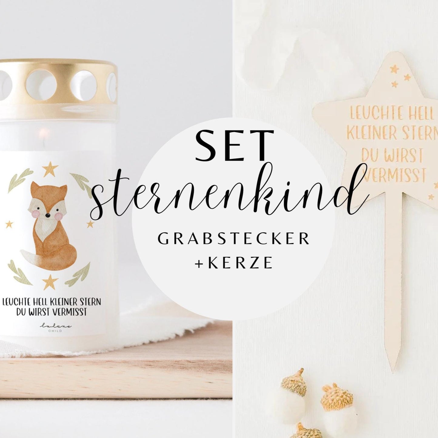 Grabkerze Fuchs mit Spruch & Grabstecker Stern SET
