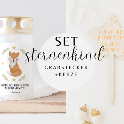 Grabkerze Fuchs mit Spruch & Grabstecker Stern SET