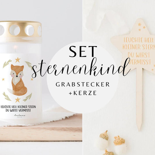 Grabkerze Fuchs mit Spruch & Grabstecker Stern SET