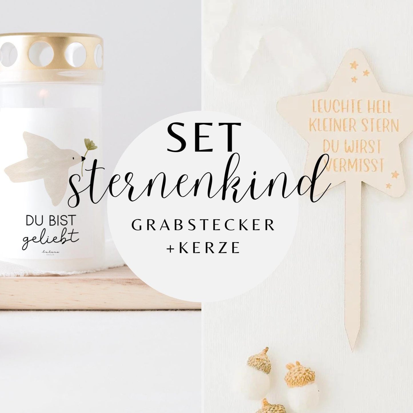 Grabkerze Taube & Grabstecker Stern SET