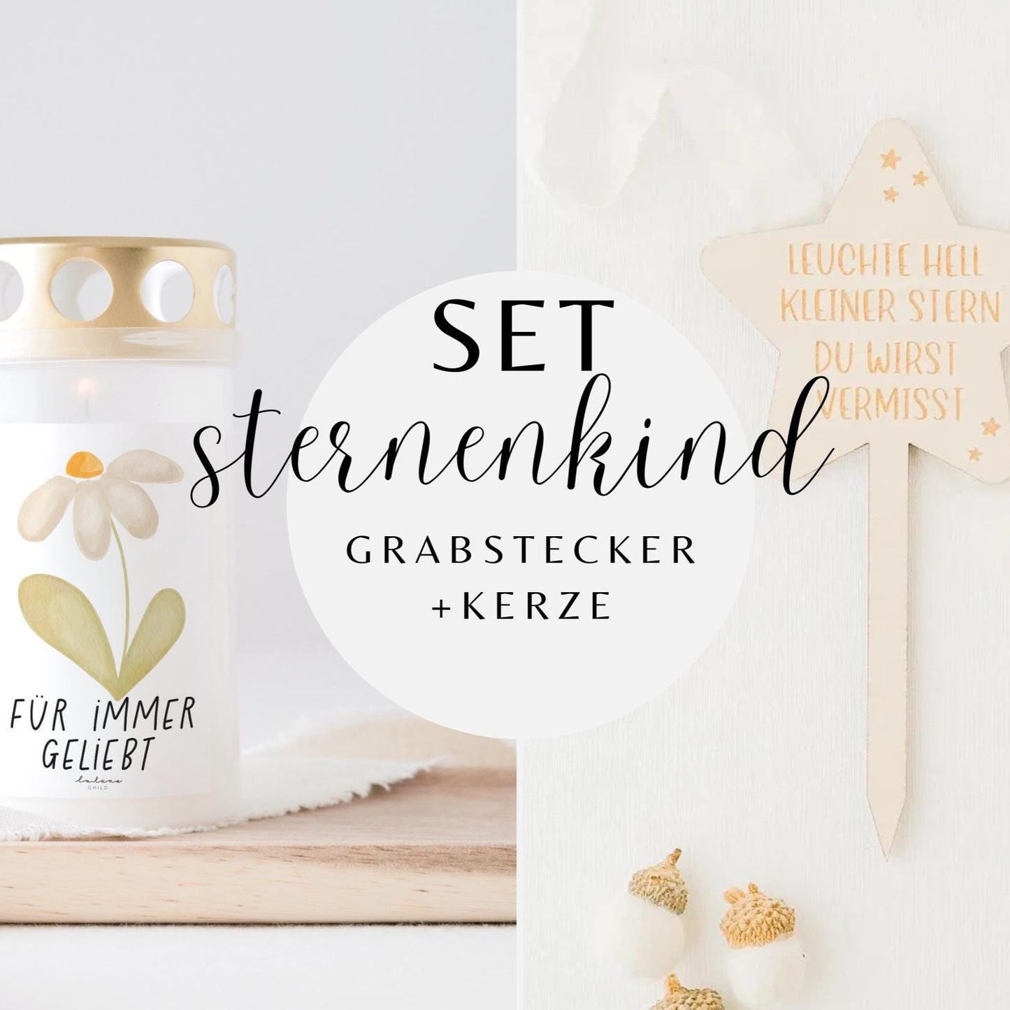 Grabkerze Gänseblümchen & Grabstecker Stern SET