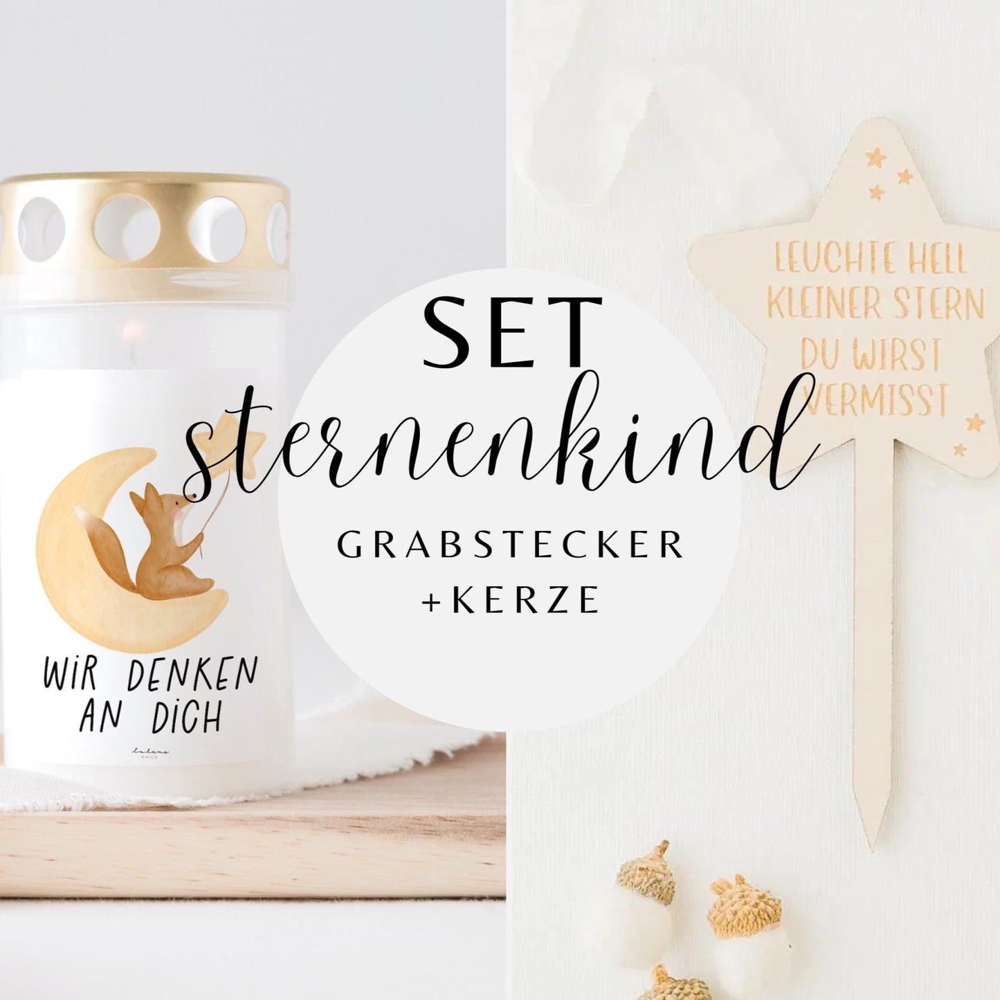 Grabkerze Fuchs Mond & Grabstecker Stern SET