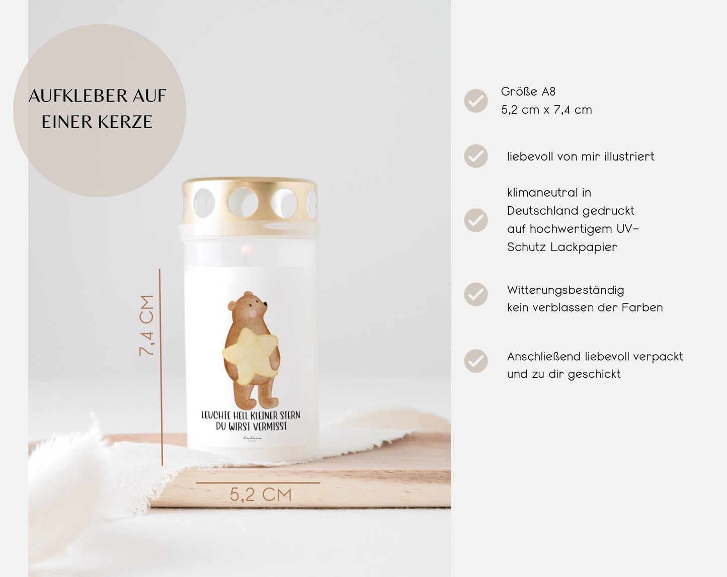 Grabkerzen Sticker Bär mit Stern – Leuchte hell kleiner Stern, du wirst vermisst | Erinnerung für Grabkerze Sternenkind
