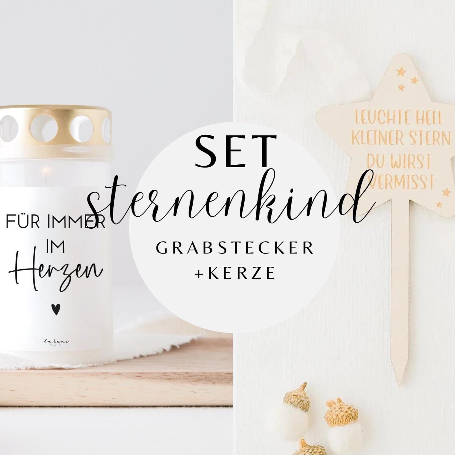Grabkerze Für immer im Herzen & Grabstecker Stern SET