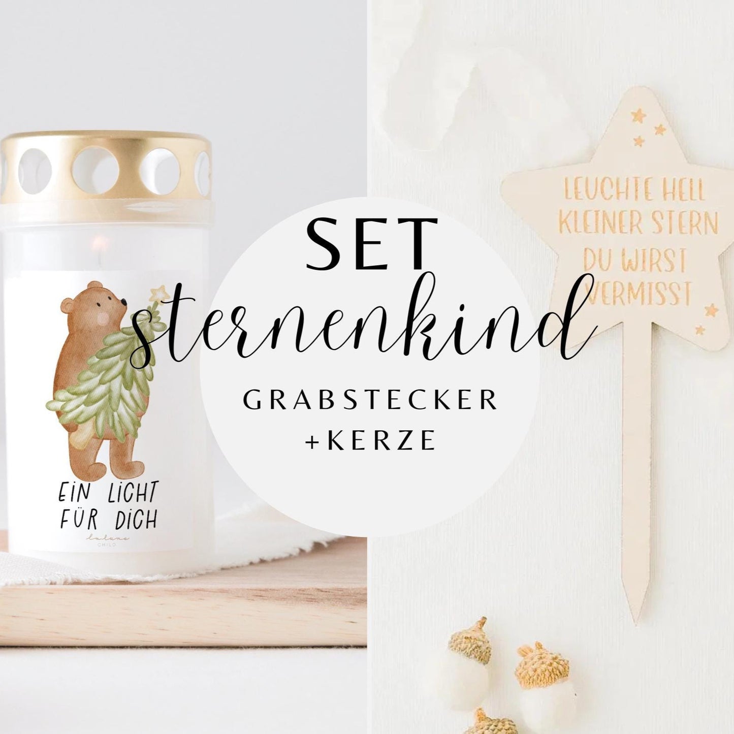 Grabkerze Bär Weihnachten & Grabstecker Stern SET
