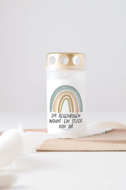 Grabkerze Regenbogen Blau mit Spruch